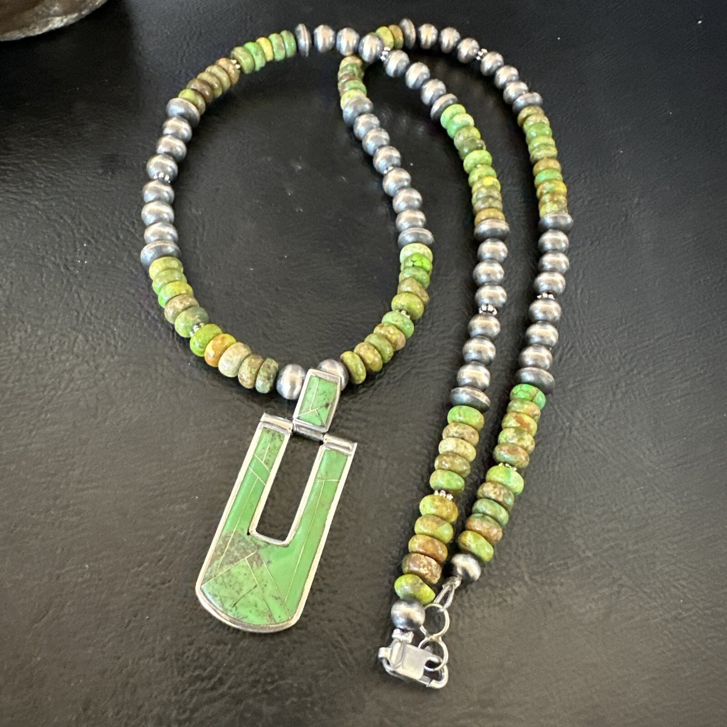 Womens Green Gaspeite Turquoise Pendant Navajo Sterling Silver Necklace 18367