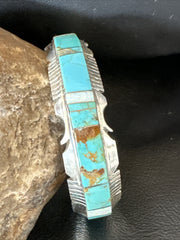 Blue Turquoise Opal Navajo Cuff Inlay Bracelet | Sterling Silver | Authentic Native American Handmade | 17957