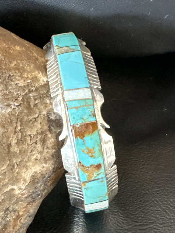 Blue Turquoise Opal Navajo Cuff Inlay Bracelet | Sterling Silver | Authentic Native American Handmade | 17957