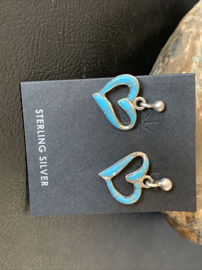 Blue Turquoise Heart Navajo Sterling Silver Dangle Post Earrings 0.5" 12714