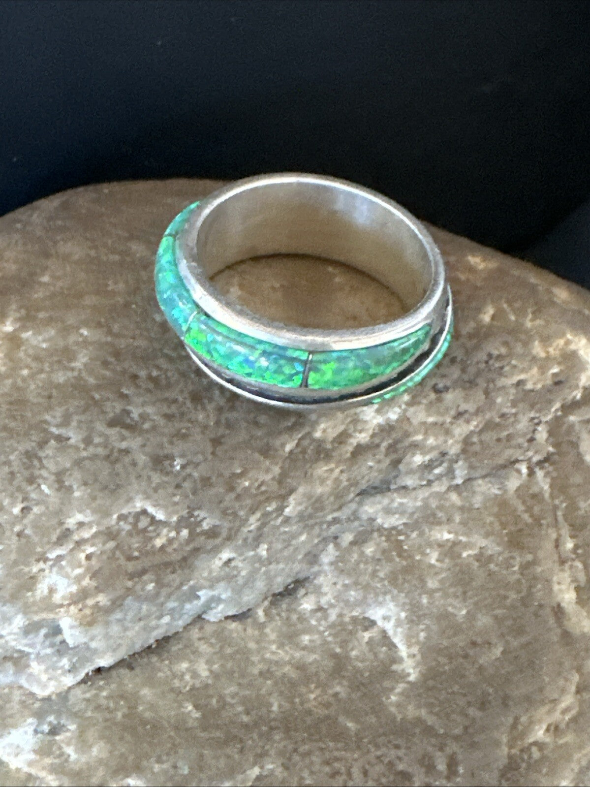 Green Opal Navajo Sterling Silver Band Inlay Ring Size 7 18809