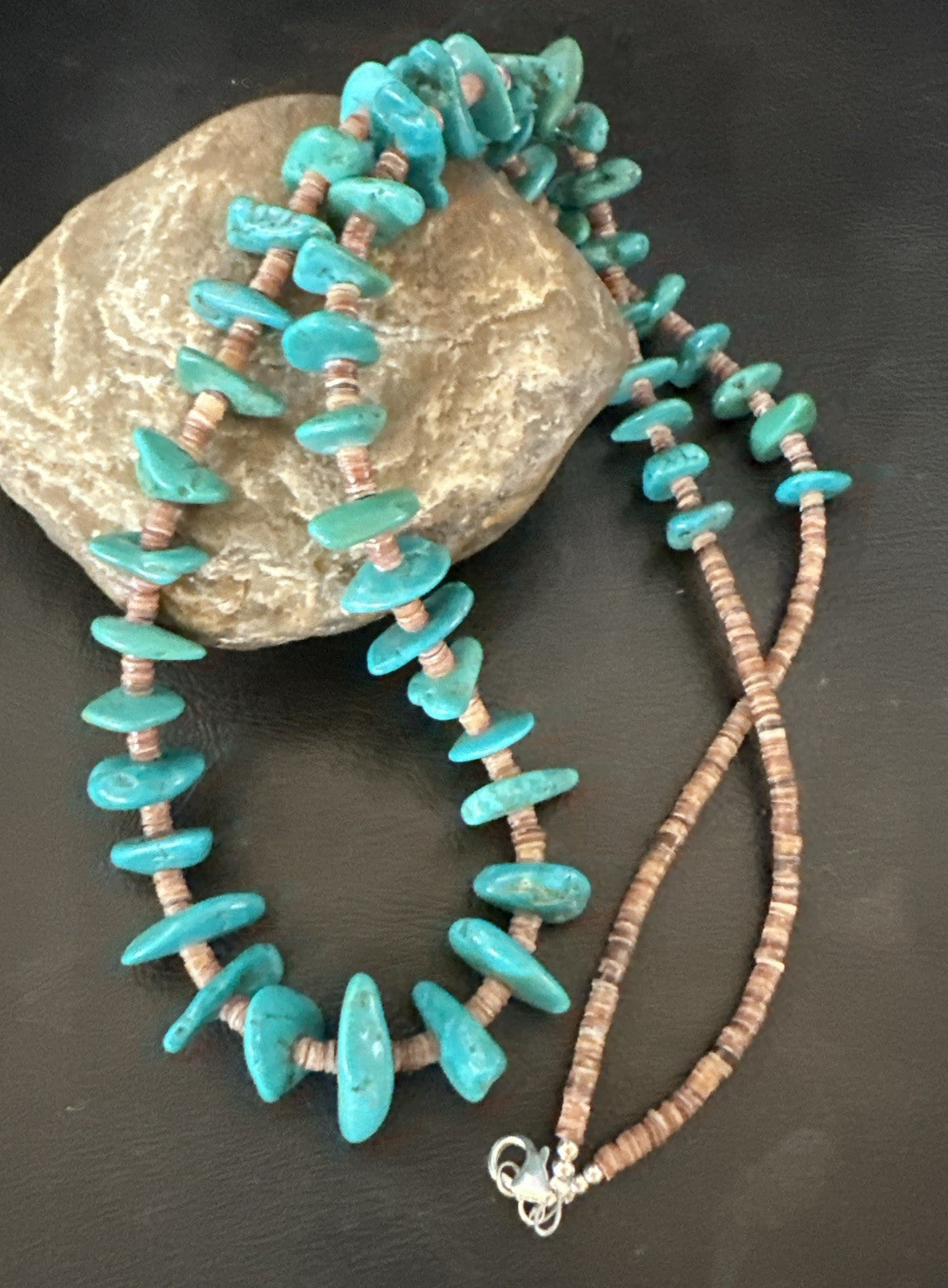 Santo Domingo Kingman Turquoise Heishi Sterling Silver Bead 32” Necklace 19554