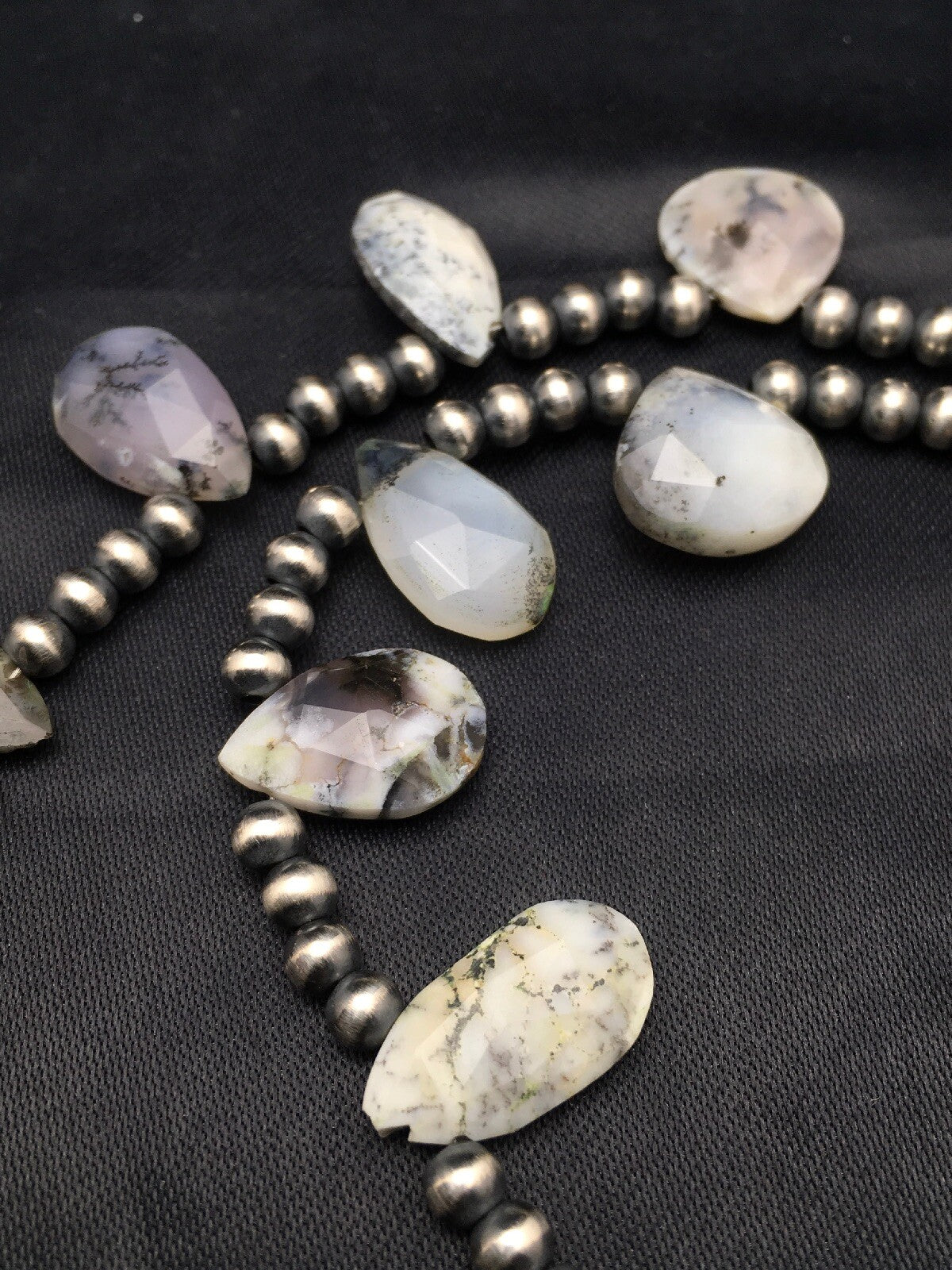 Black Rutile & Opal Pear Shaped Navajo Pearls Sterling Silver Necklace 4092