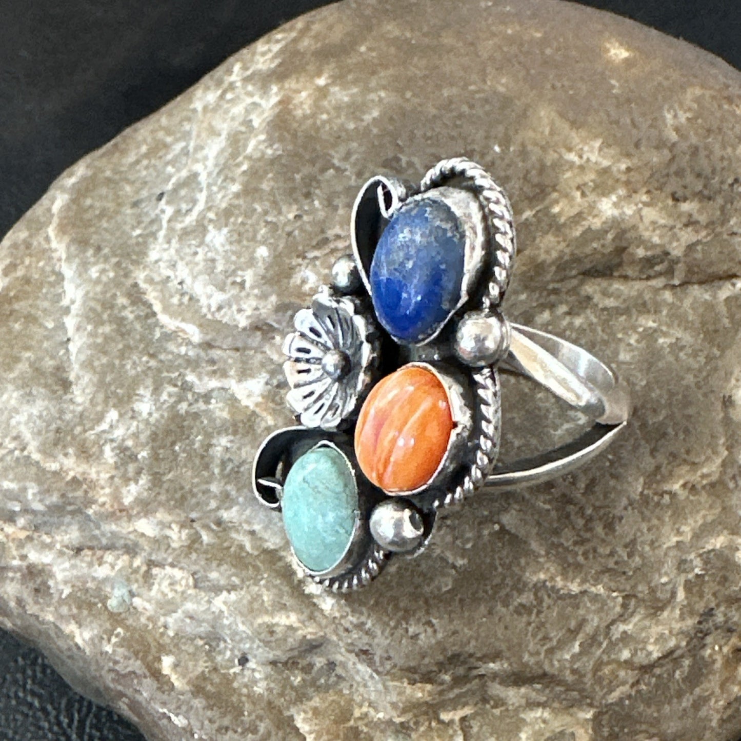 Yazzie Ring Turquoise Lapis Spiny Navajo Sterling Silver Cluster Sz 8.5 19315