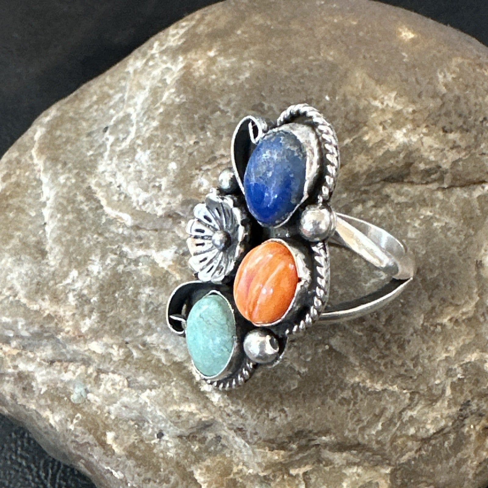Yazzie Ring Turquoise Lapis Spiny Navajo Sterling Silver Cluster Sz 8.5 19315