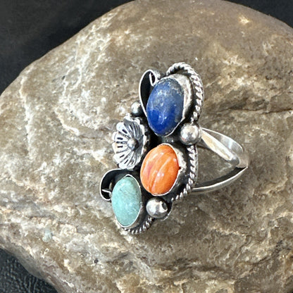Yazzie Ring Turquoise Lapis Spiny Navajo Sterling Silver Cluster Sz 8.5 19315