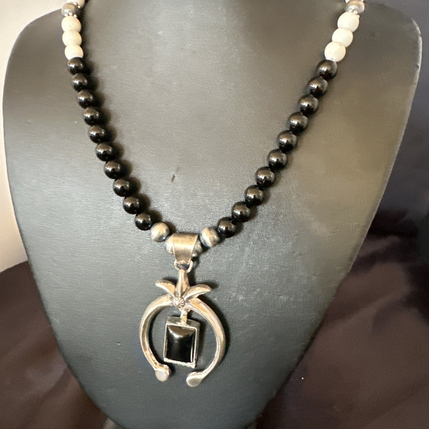Mens Black Onyx Howlite Naja Pendant Navajo Sterling Silver Necklace 23” 17687