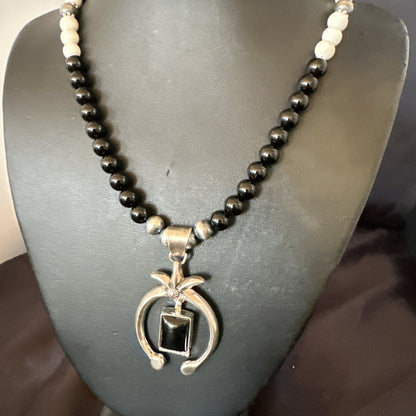 Mens Black Onyx Howlite Naja Pendant Navajo Sterling Silver Necklace 23” 17687