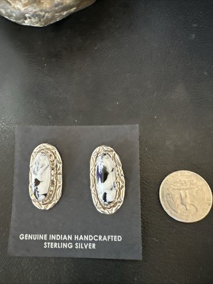 Women White Buffalo Turquoise Navajo Sterling Silver Post Earrings 19094