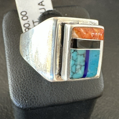MultiColor Navajo Sterling Turquoise Spiny Oyster Inlay Ring Sz 7.5 18711