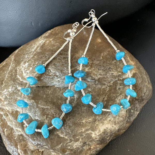 Blue Turquoise Nugget Bead Beads Earrings | Sterling Silver | Authentic Native American Handmade | 18097