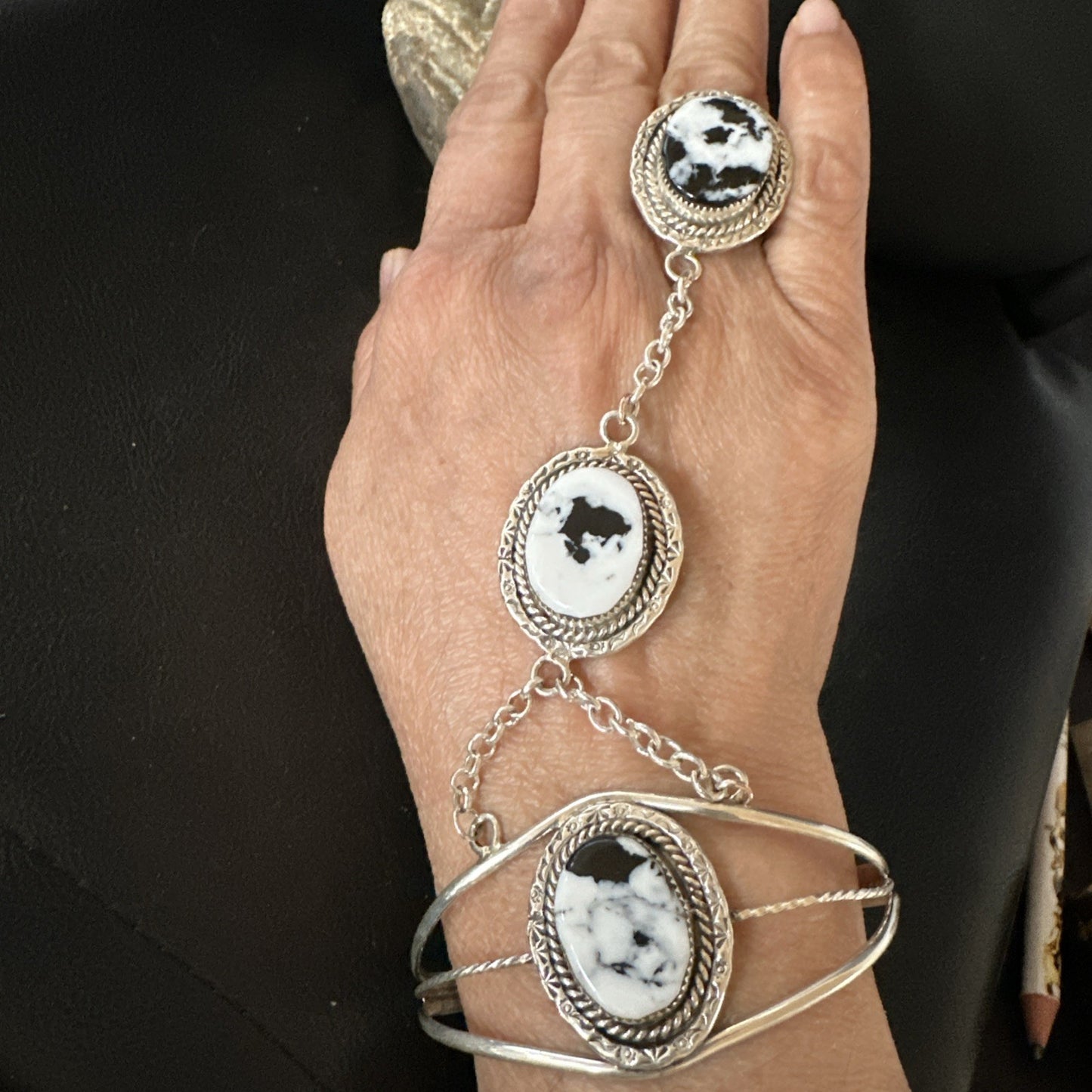 Yazzie Navajo Sterling Silver White Buffalo Turquoise Slave Bracelet Ring 19124