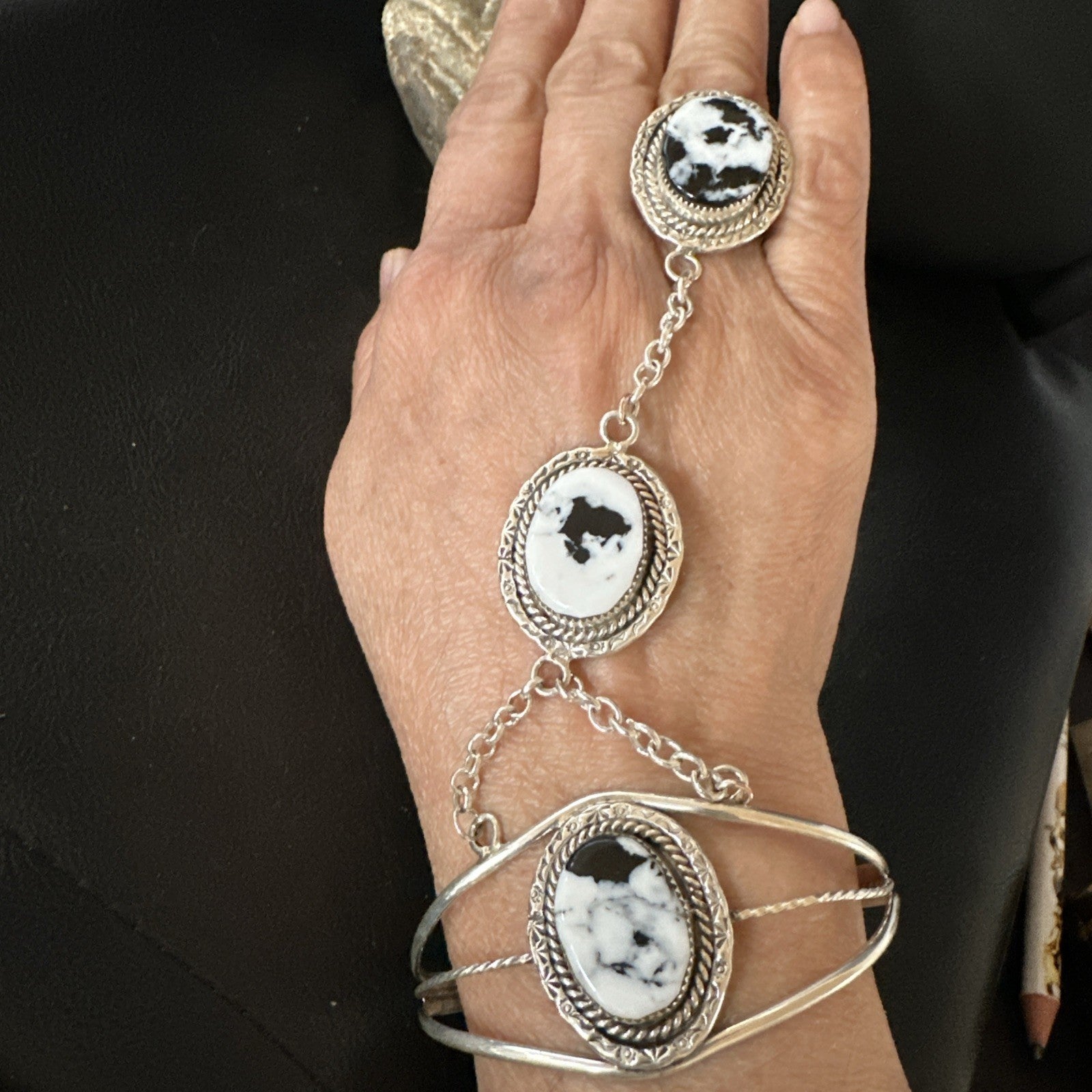 Yazzie Navajo Sterling Silver White Buffalo Turquoise Slave Bracelet Ring 19124