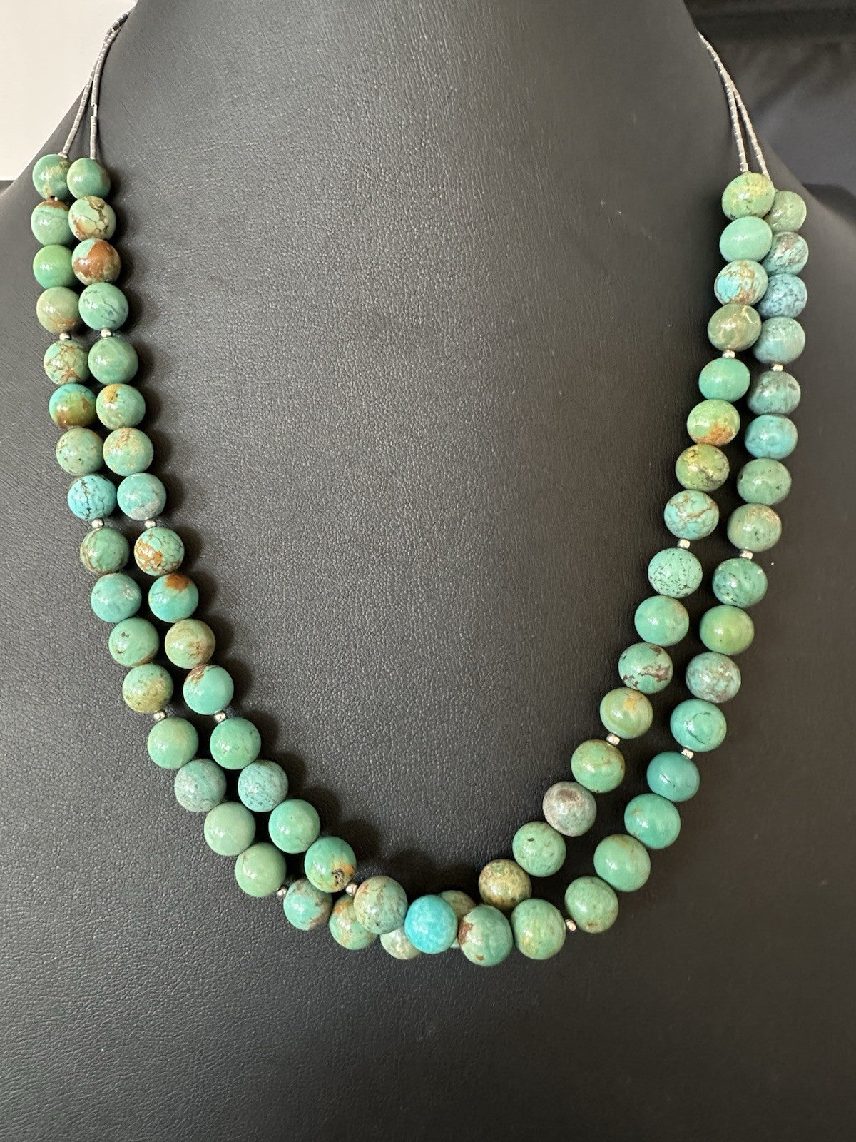 Native Turquoise Bead 2 Strand Navajo Sterling Silver Necklace 22” 19464