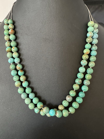Native Turquoise Bead 2 Strand Navajo Sterling Silver Necklace 22” 19464