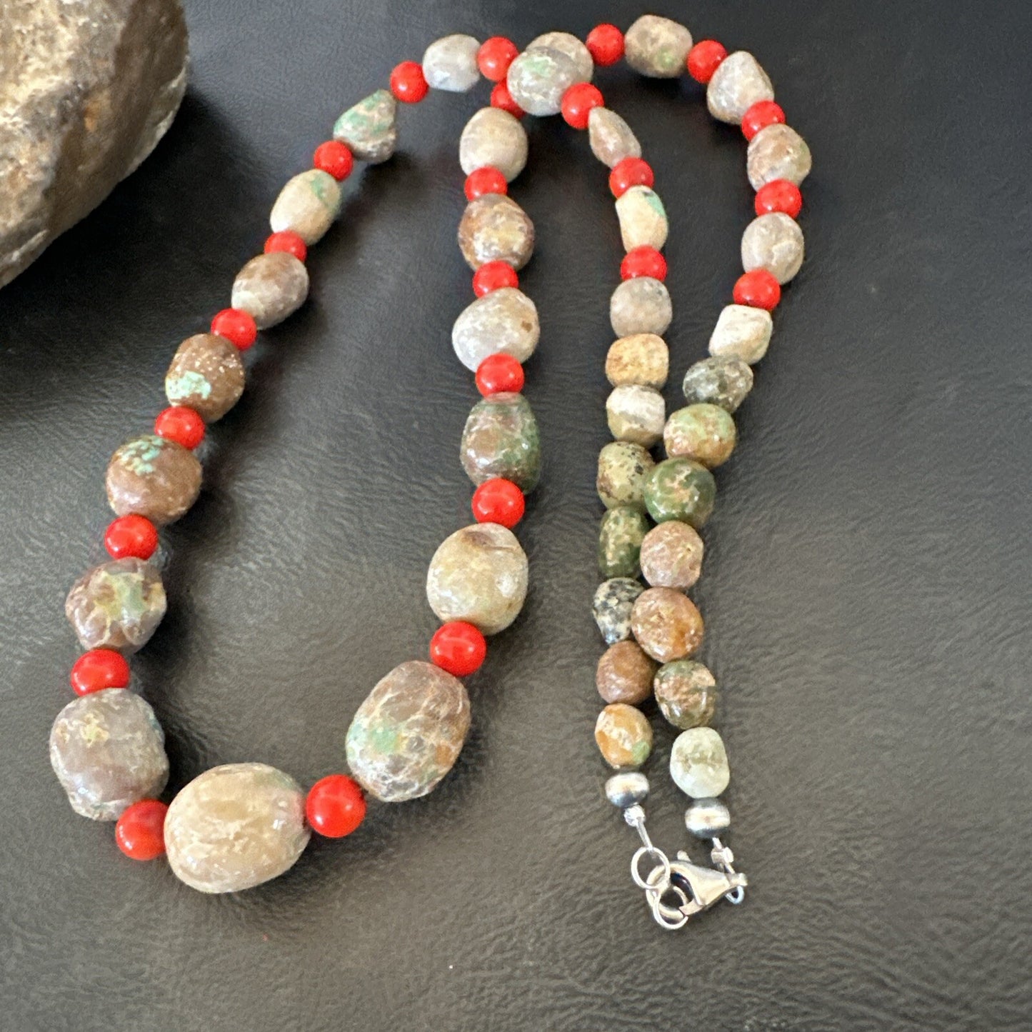 Rustic Turquoise Red Coral Navajo Pearls Sterling Silver Necklace 24" 18320