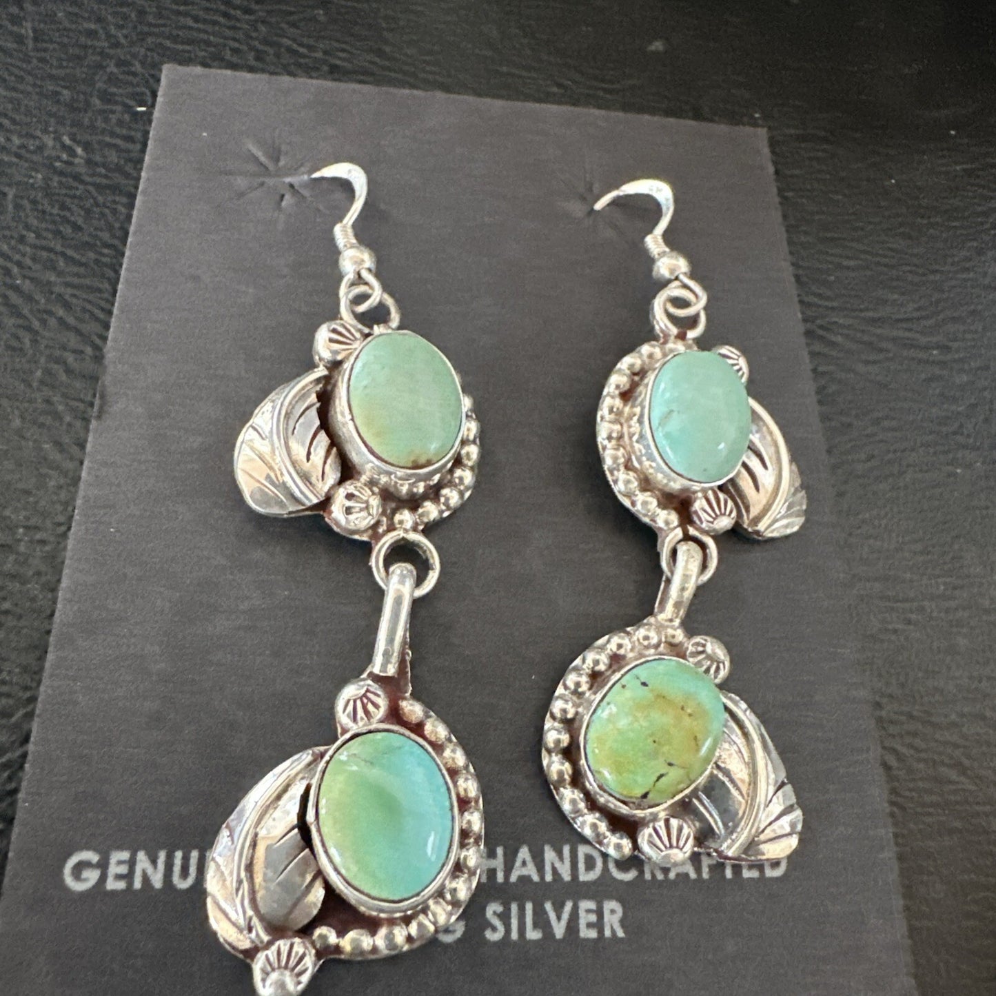 Navajo Green Royston Turquoise Sterling Silver Dangle Earrings 18804
