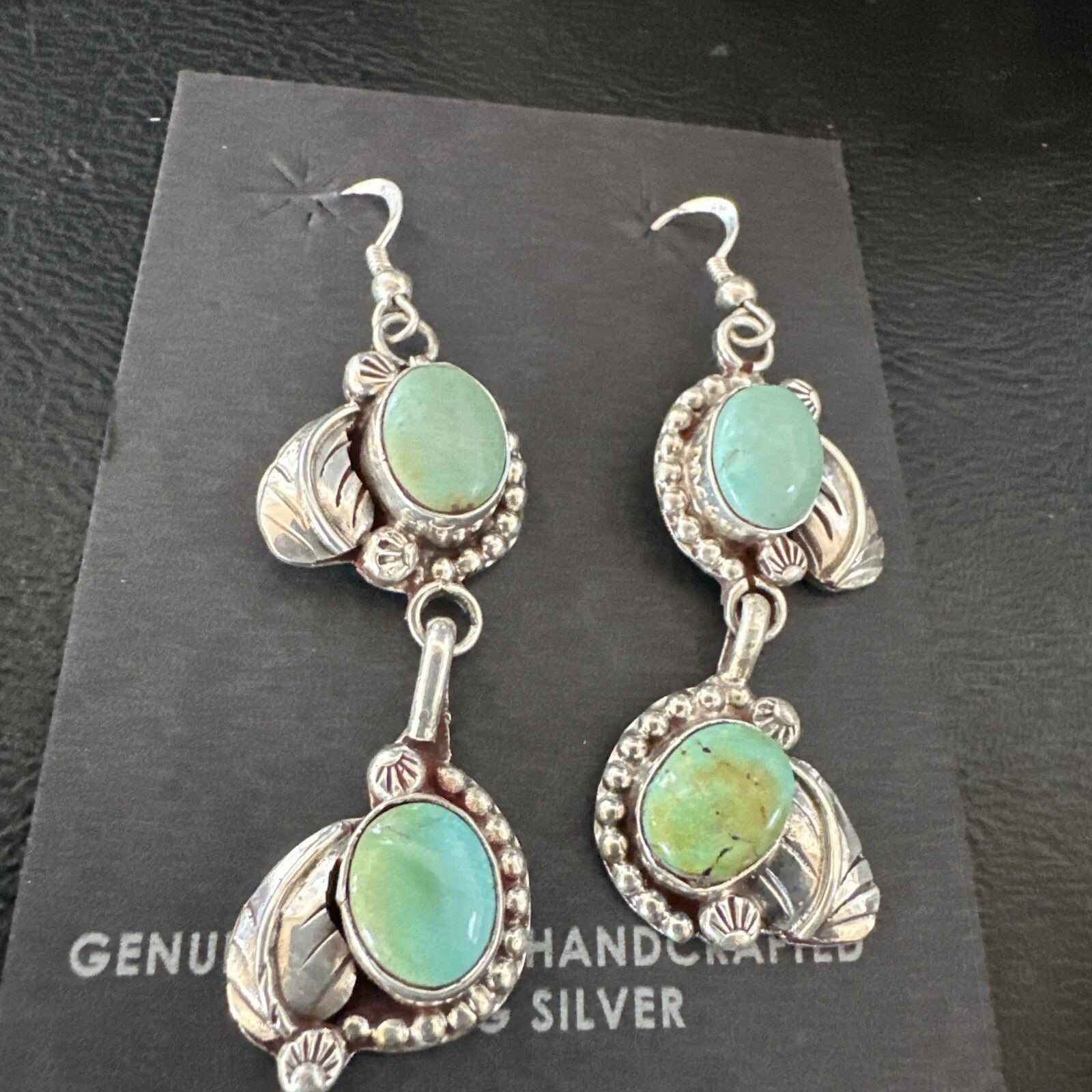 Navajo Green Royston Turquoise Sterling Silver Dangle Earrings 18804
