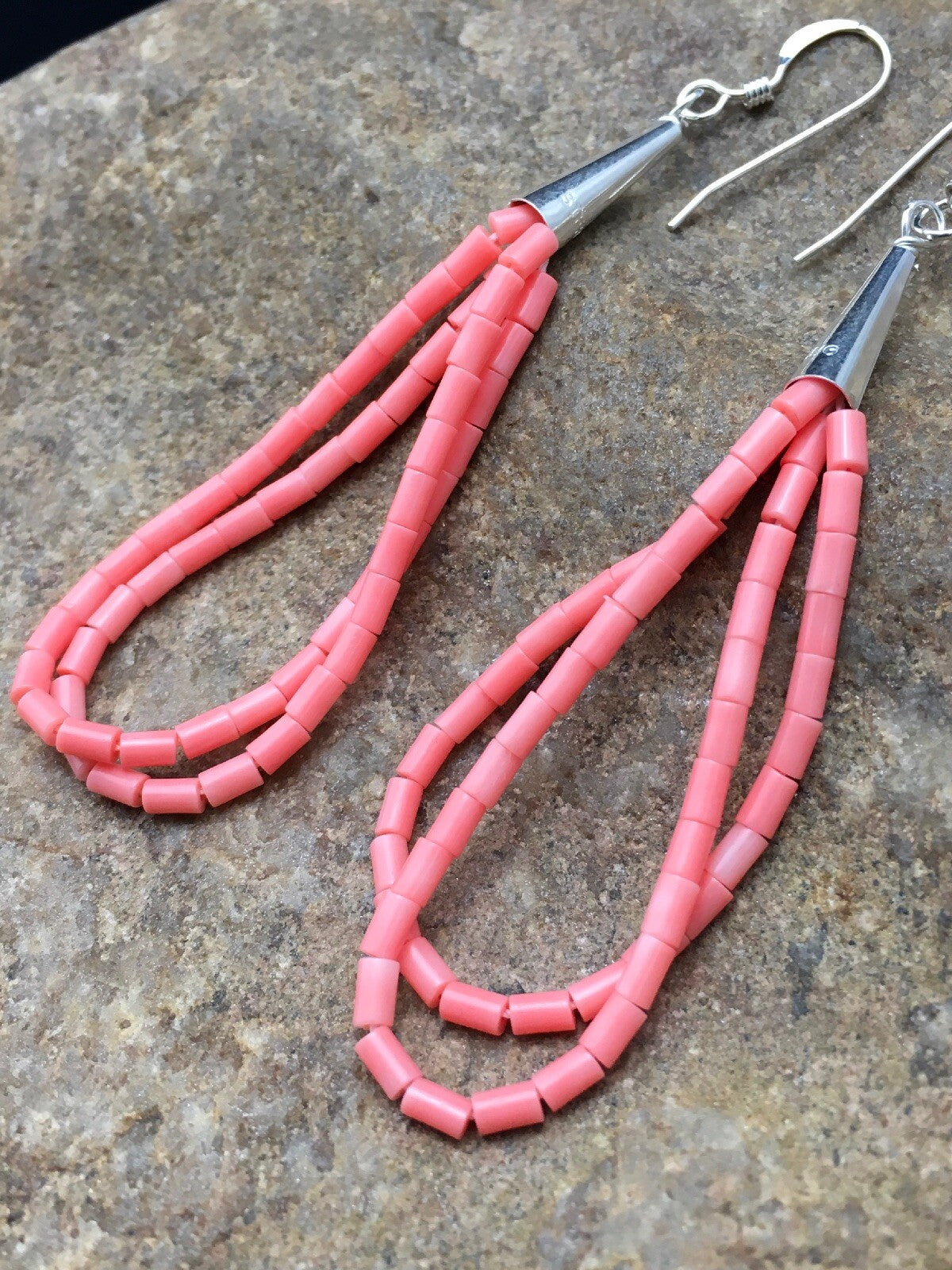 Pink Coral Heishi Liquid Sterling Silver Dangle 2 Strand Earrings 04398