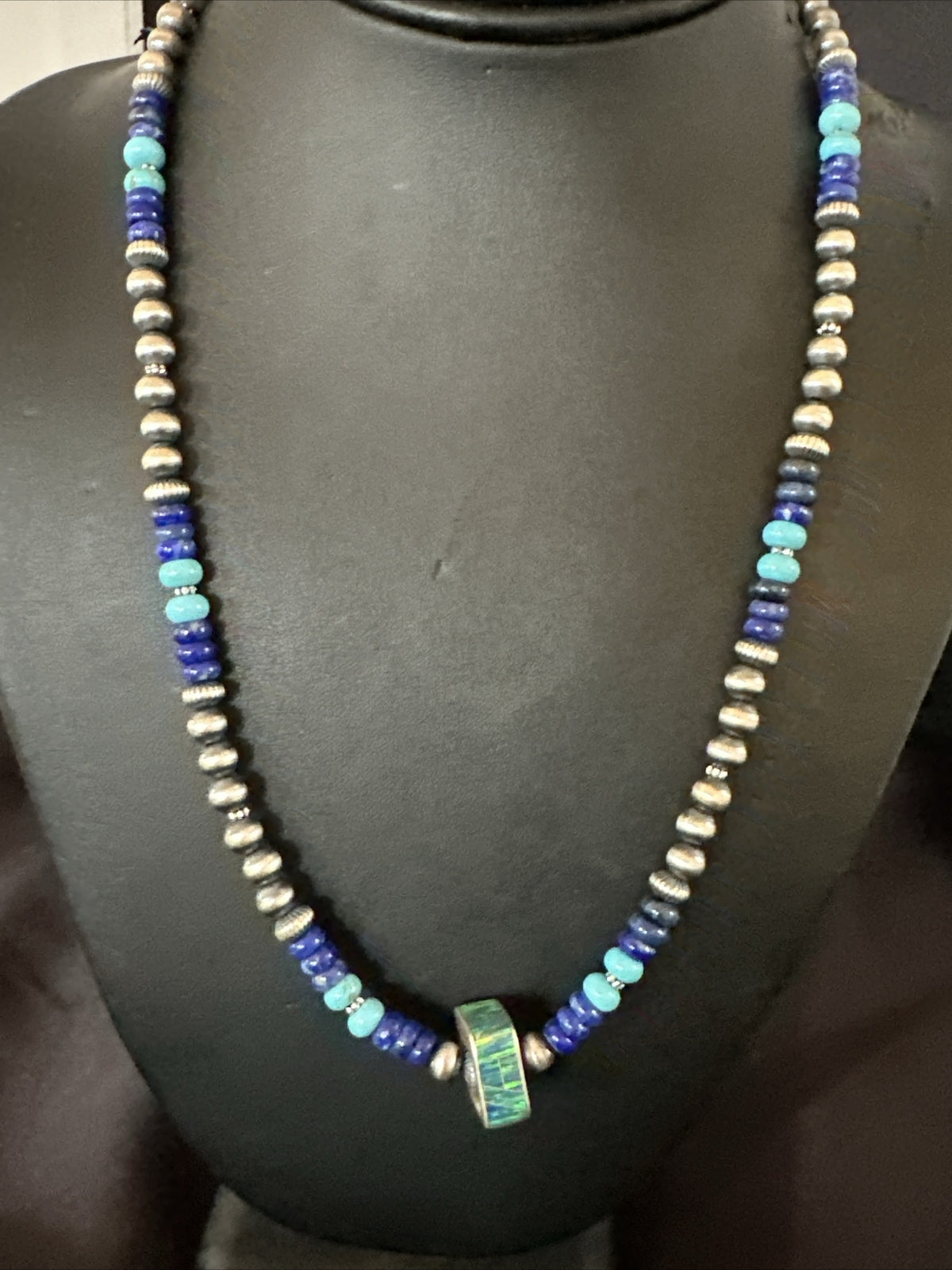 Mens Blue Turquoise Lapis Opal Pendant Navajo Sterling Silver Necklace 20" 17897