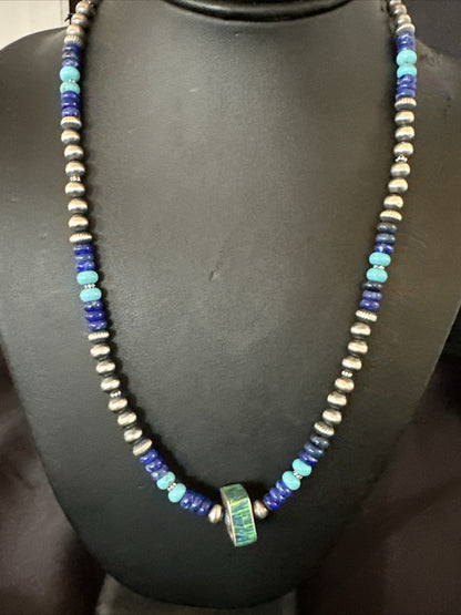 Mens Blue Turquoise Lapis Opal Pendant Navajo Sterling Silver Necklace 20" 17897