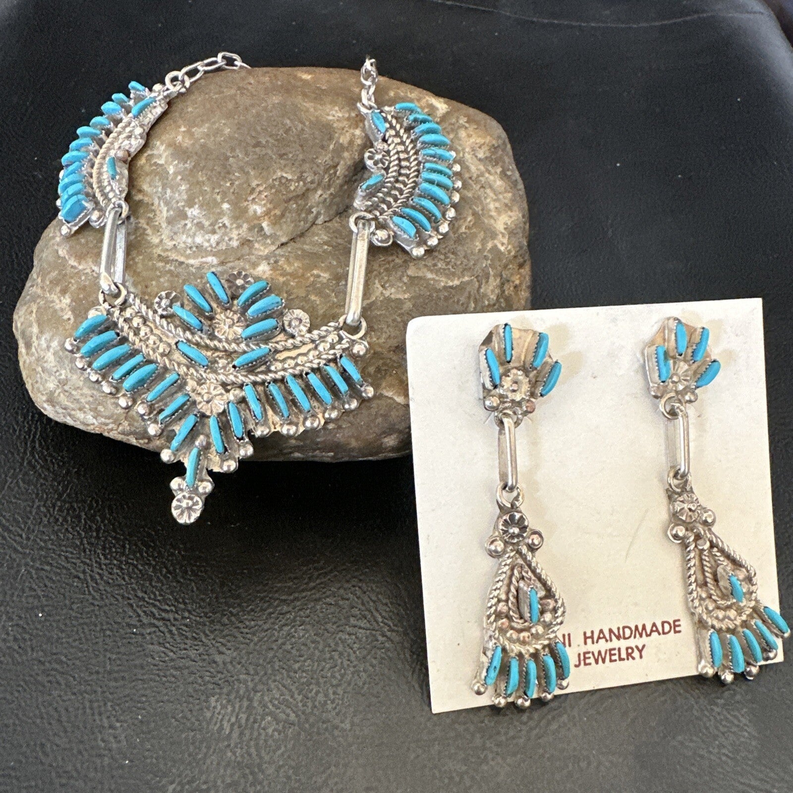 ZUNI Blue Turquoise Sterling Silver Beads Needlepoint Necklace Earrings 18595