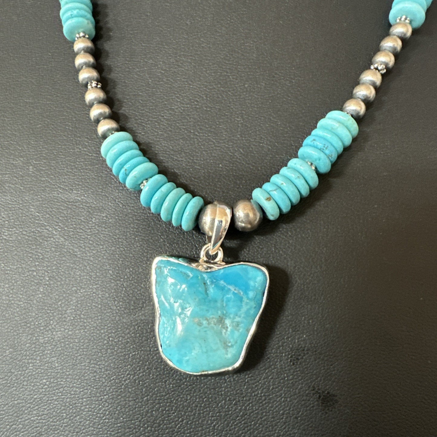 Blue Kingman Turquoise 2 Sided Pendant Navajo Sterling Native Necklace 20" 19517