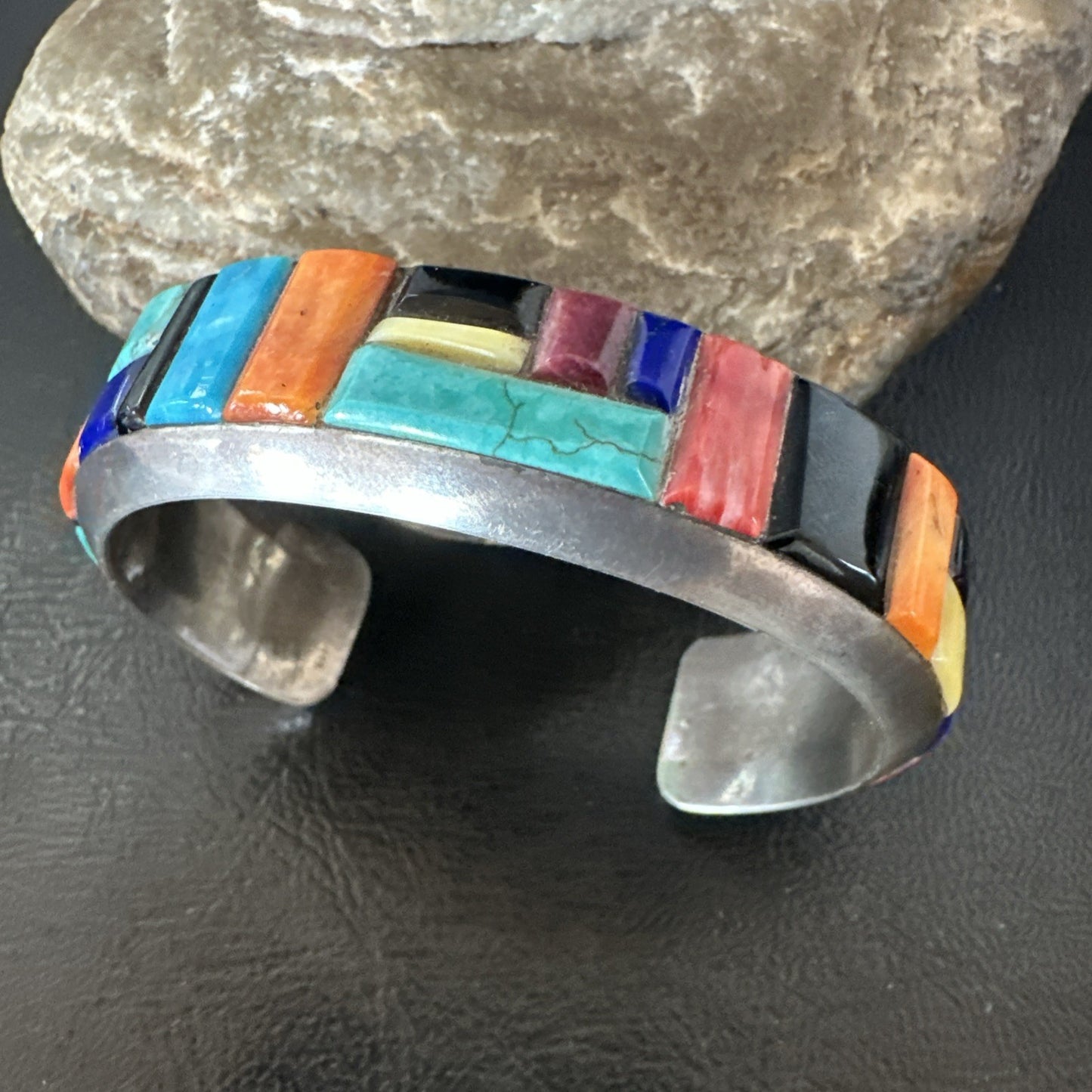 Mens Navajo Black Onyx Coral Turquoise Sterling Silver Cuff Bracelet Inlay 19501