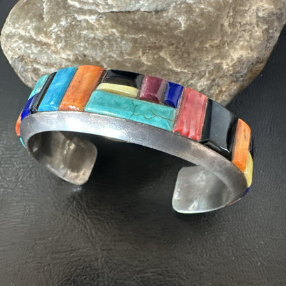 Mens Navajo Black Onyx Coral Turquoise Sterling Silver Cuff Bracelet Inlay 19501