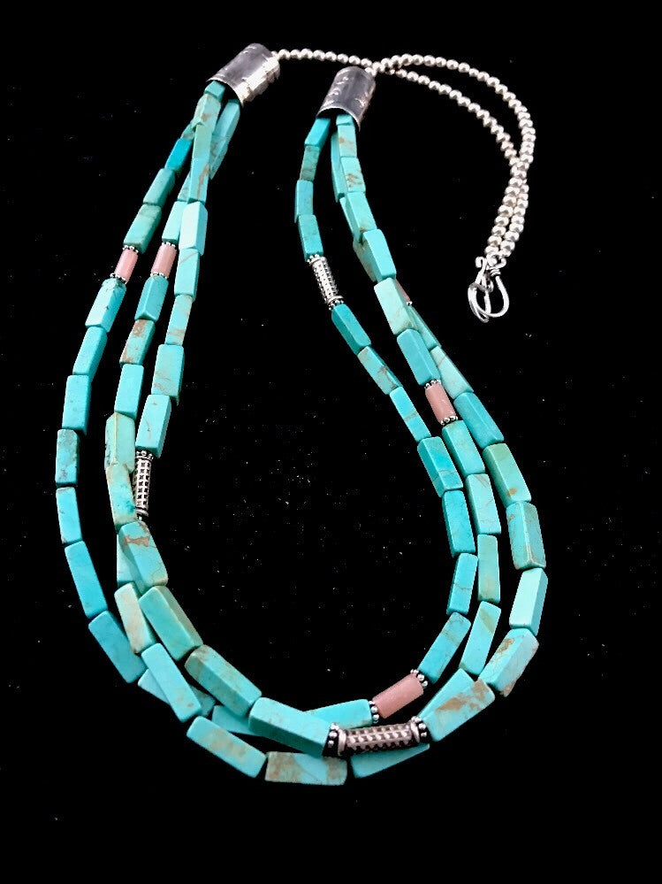 Navajo 3S Stabilized Blue Turquoise Pink Opal Bead Sterling Silver Necklace1201