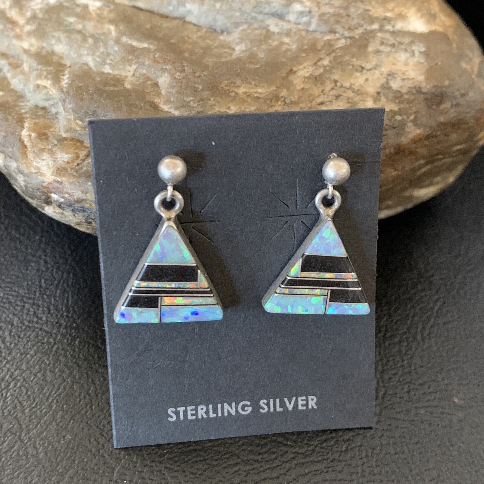 Womens Blue Opal & Black Onyx Inlay Navajo Sterling Silver Earrings 12781