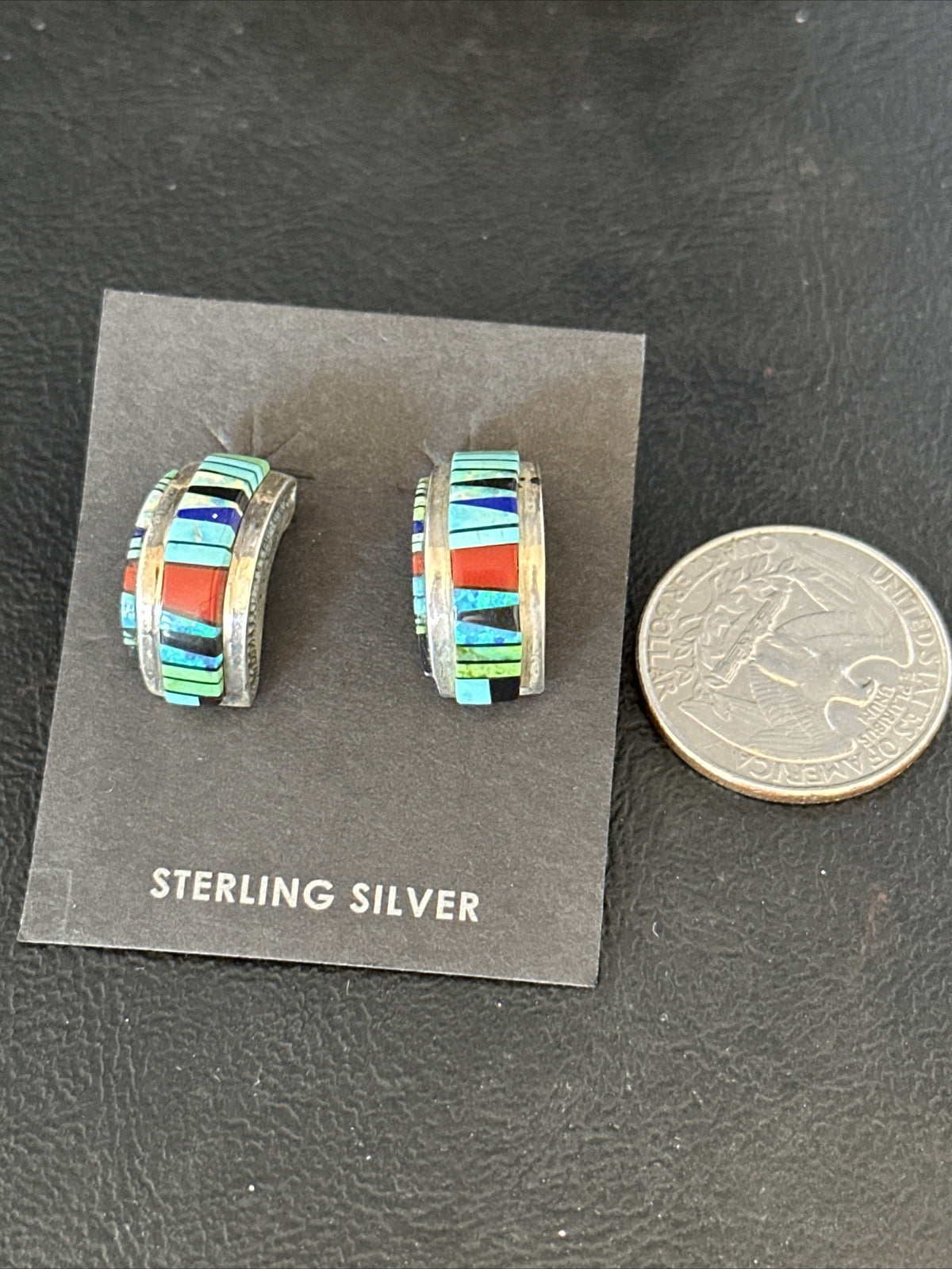 Blue Turquoise & Spiny Oyster Navajo Sterling Silver Inlay Earrings 1” 14765
