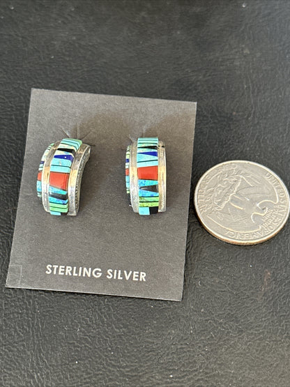 Blue Turquoise & Spiny Oyster Navajo Sterling Silver Inlay Earrings 1” 14765