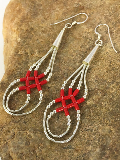 Native Red Coral Heishi Tube Liquid Sterling Silver Dangle Earrings 2" 08877