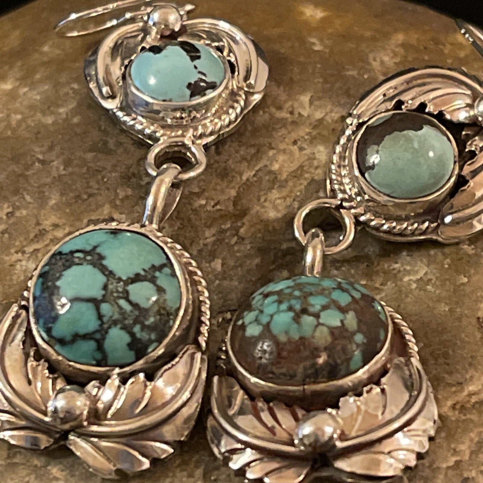 Womens Blue Spider Web Turquoise Navajo Sterling Silver Dangle Earrings 1238
