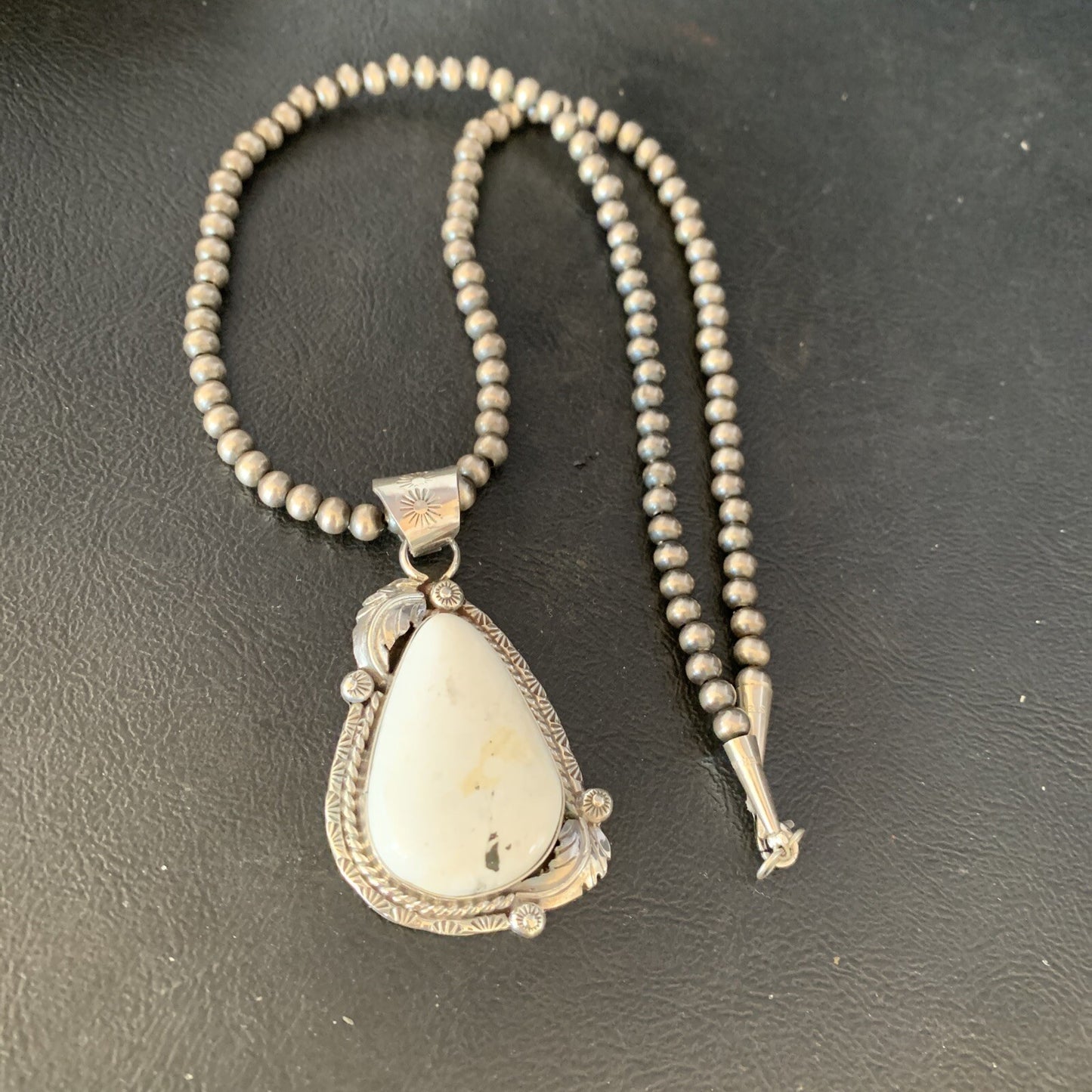 Mens White Buffalo Turquoise Pendant Sterling Silver Beads Necklace 19306