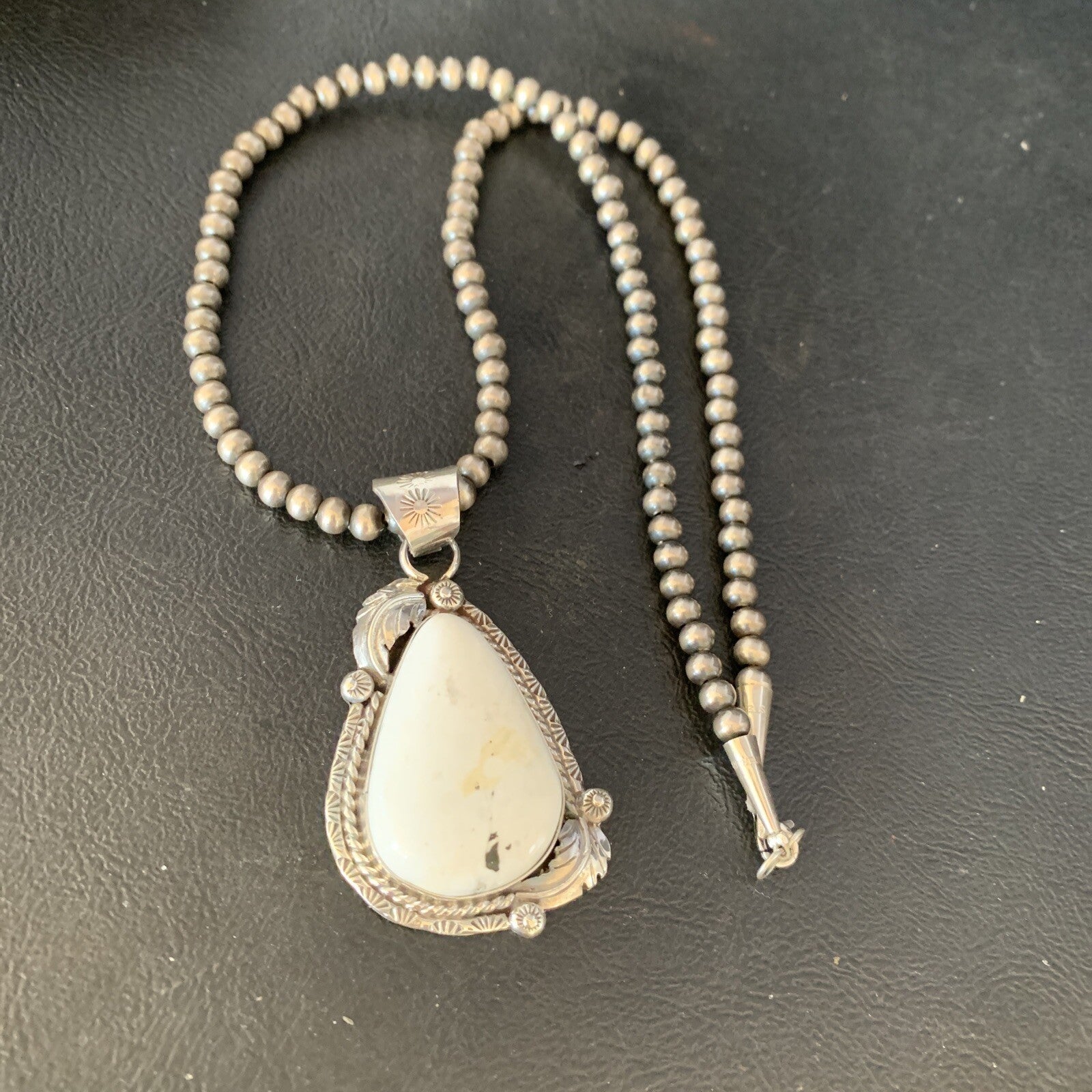 Mens White Buffalo Turquoise Pendant Sterling Silver Beads Necklace 19306