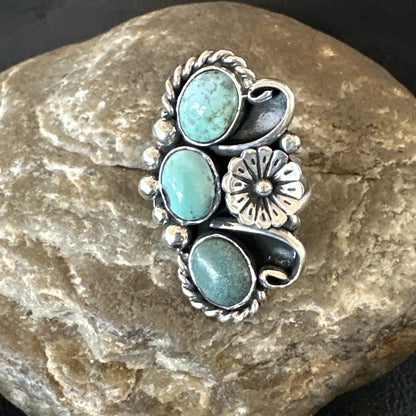 Yazzie Ring Green Turquoise Navajo Sterling Silver Cluster Size 8.5 19233