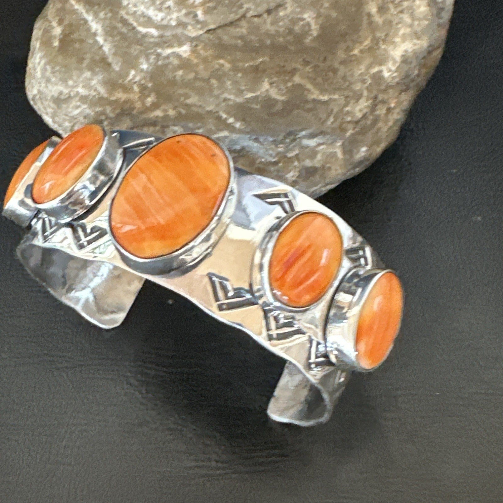 Orange Spiny Oyster 5 Stone Row Sterling Silver Navajo Cuff Bracelet 7.7" 19475