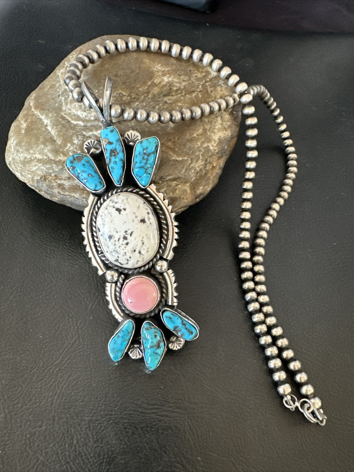 Blue Kingman Turquoise White Navajo Sterling Silver Cluster Pendant 4" 19325