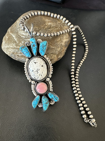 Blue Kingman Turquoise White Navajo Sterling Silver Cluster Pendant 4" 19325