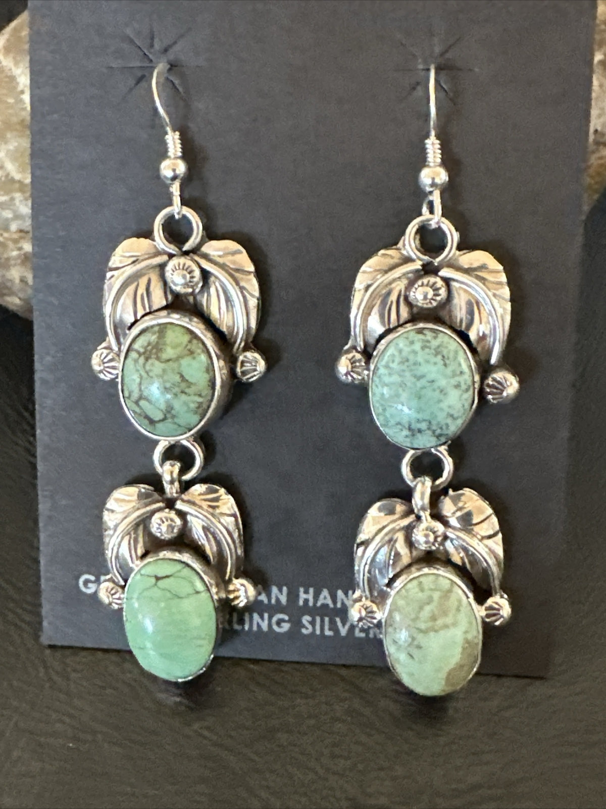 Native Navajo Green Turquoise Sterling Silver Dangle Earrings 2” 17910
