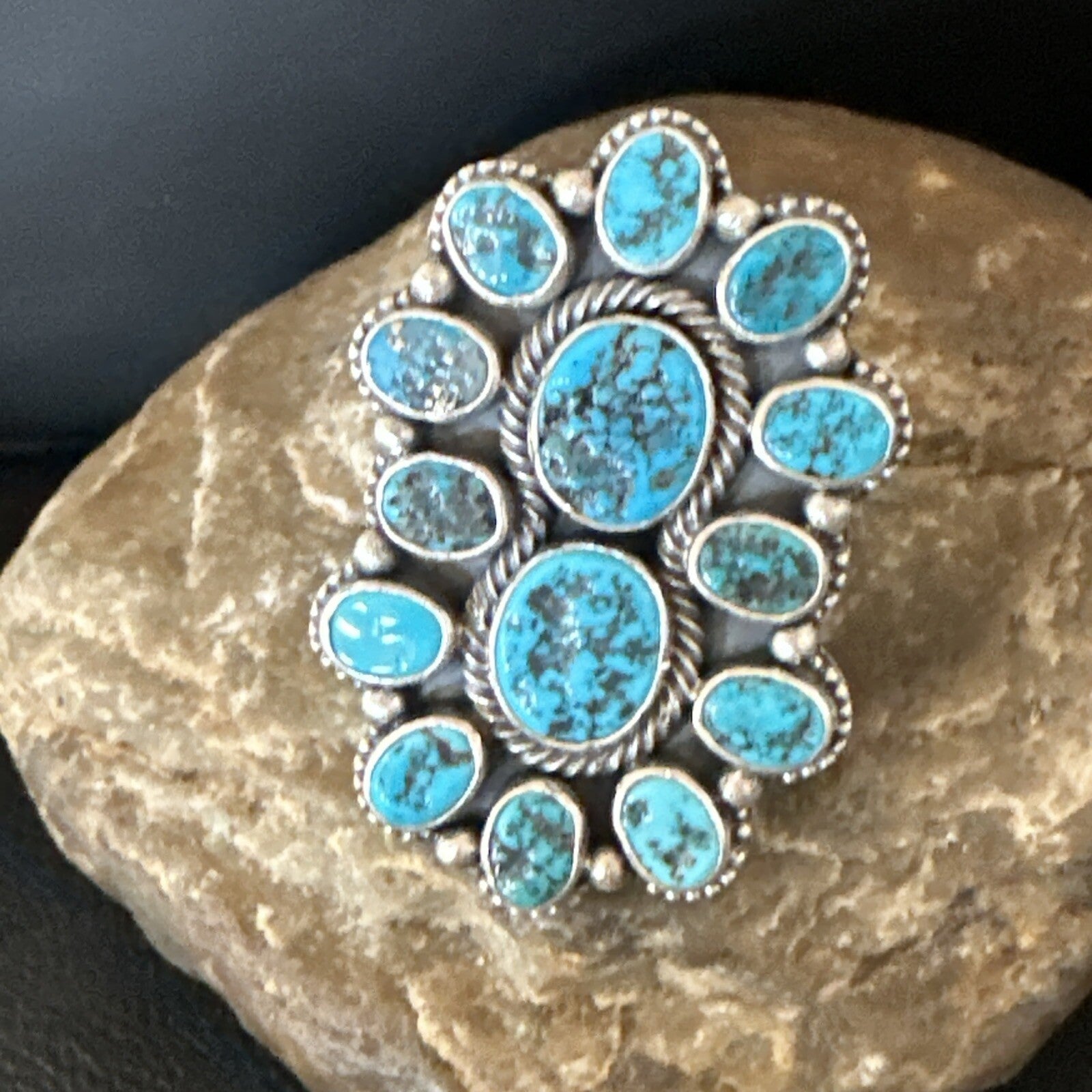 Navajo Cluster Blue Kingman Turquoise Sterling Silver Adjustable Ring Sz 7 18794