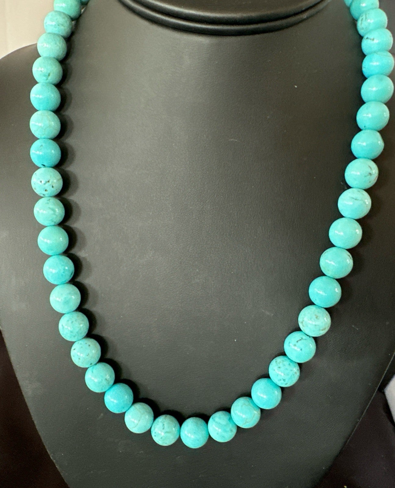 Blue Turquoise 10mm Round Bead Southwestern Sterling Silver Necklace 18” 19402