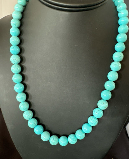 Blue Turquoise 10mm Round Bead Southwestern Sterling Silver Necklace 18” 19402
