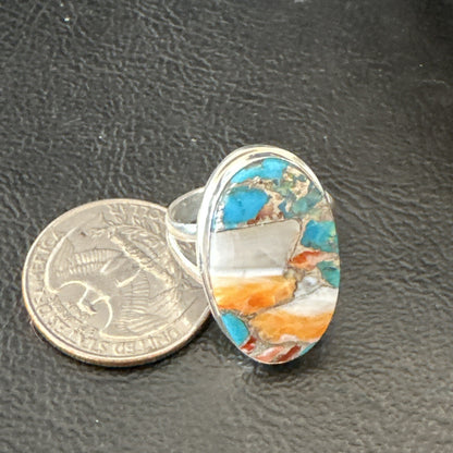 Blue Turquoise Spiny Oyster Southwestern Sterling Silver Ring Size 8 18547