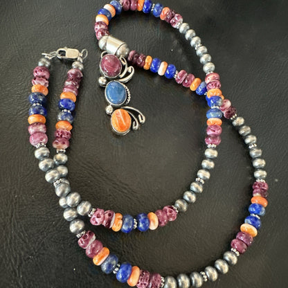Multicolor Turquoise Spiny Navajo Sterling Silver Cluster Pendant Necklace 19639
