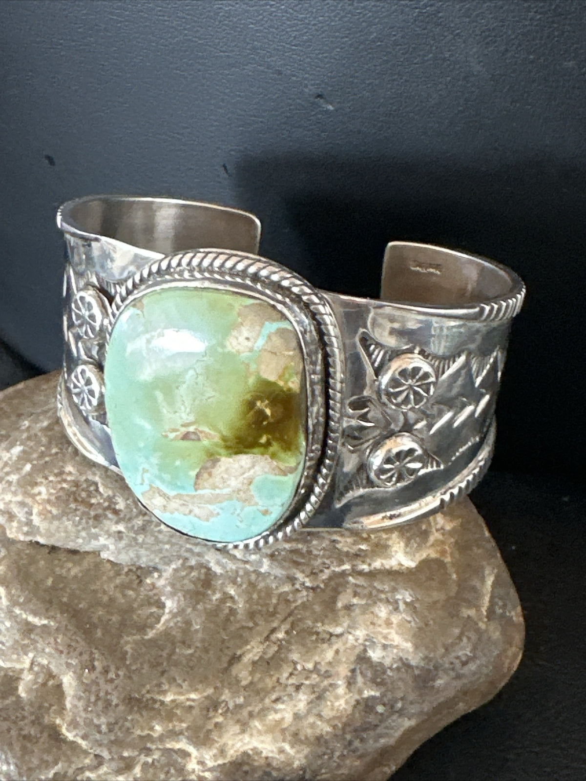 Navajo Women Green Royston Turquoise Stamped Sterling Silver Cuff Bracelet 17865