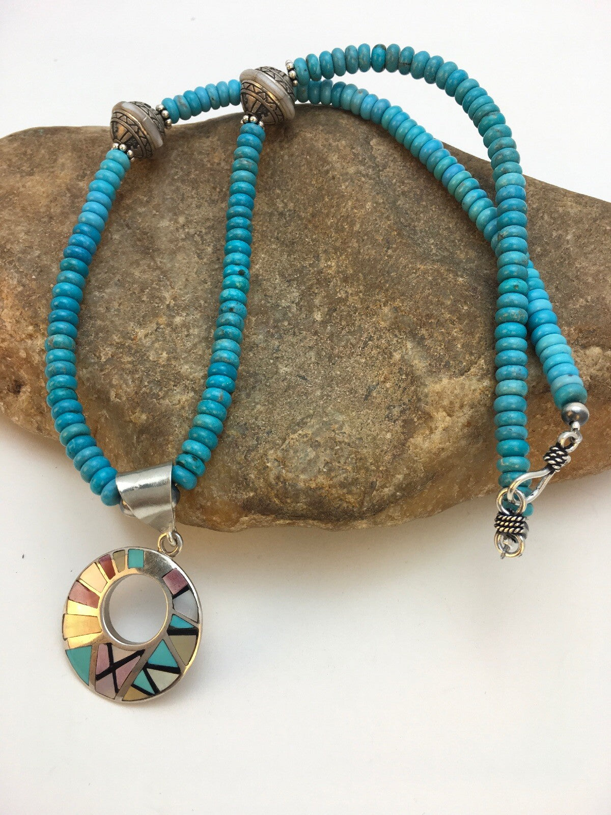 Blue Turquoise Mother Of Pearl Inlay Pendant Sterling Silver Necklace 08902