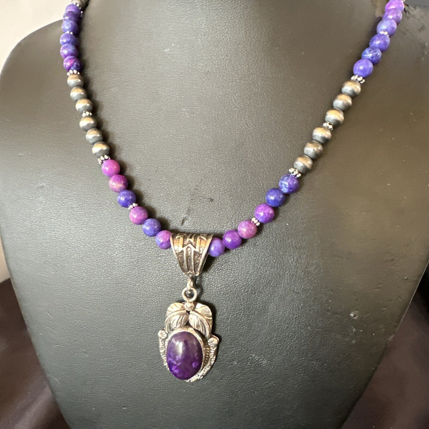 Purple Stone Pendant Navajo Sterling Silver Beads Necklace 18390